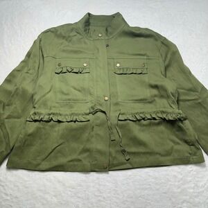 Anthropologie Ruffle Oversized Military Utility Jacket Green Drawstring Sz Small